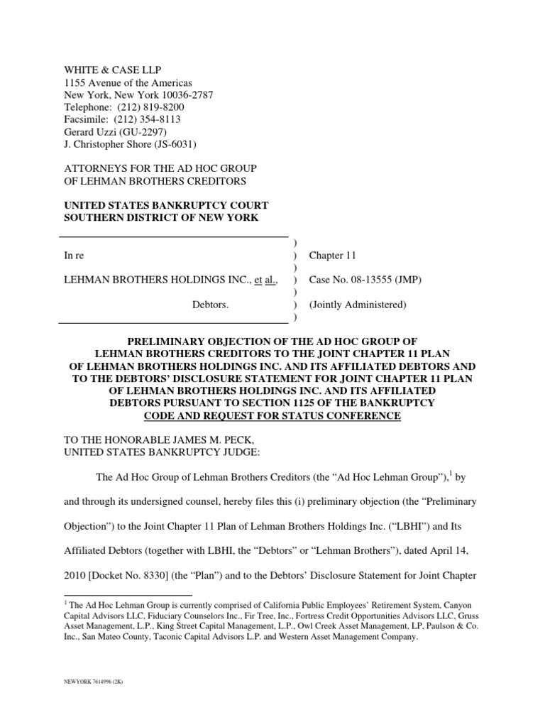 Objection Preliminary Objection of The Ad H Objection Chapter 11