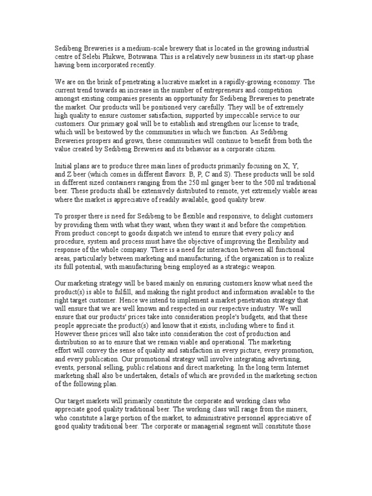 Brewery Business Plan  PDF  Strategic Management  Marketing With Brewery Business Plan Template Free