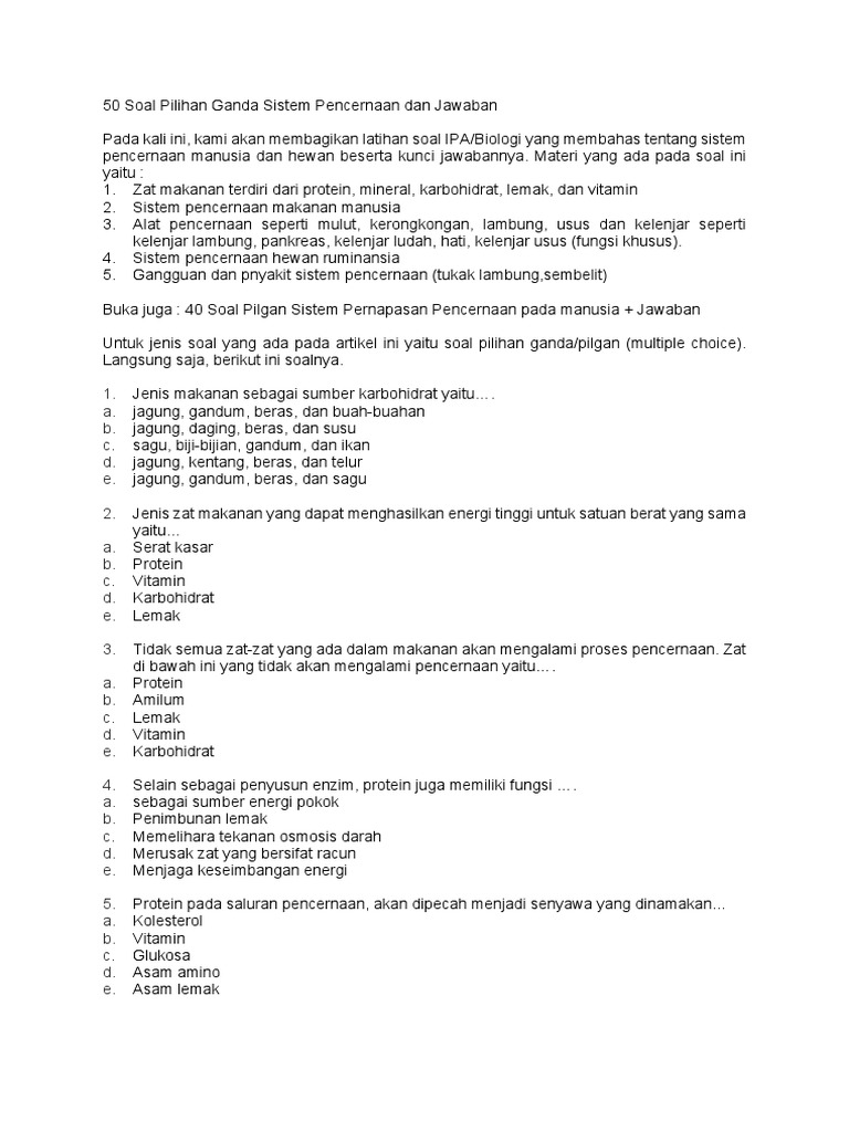 50 Soal Pilihan Ganda Sistem Pencernaan Dan Jawaban