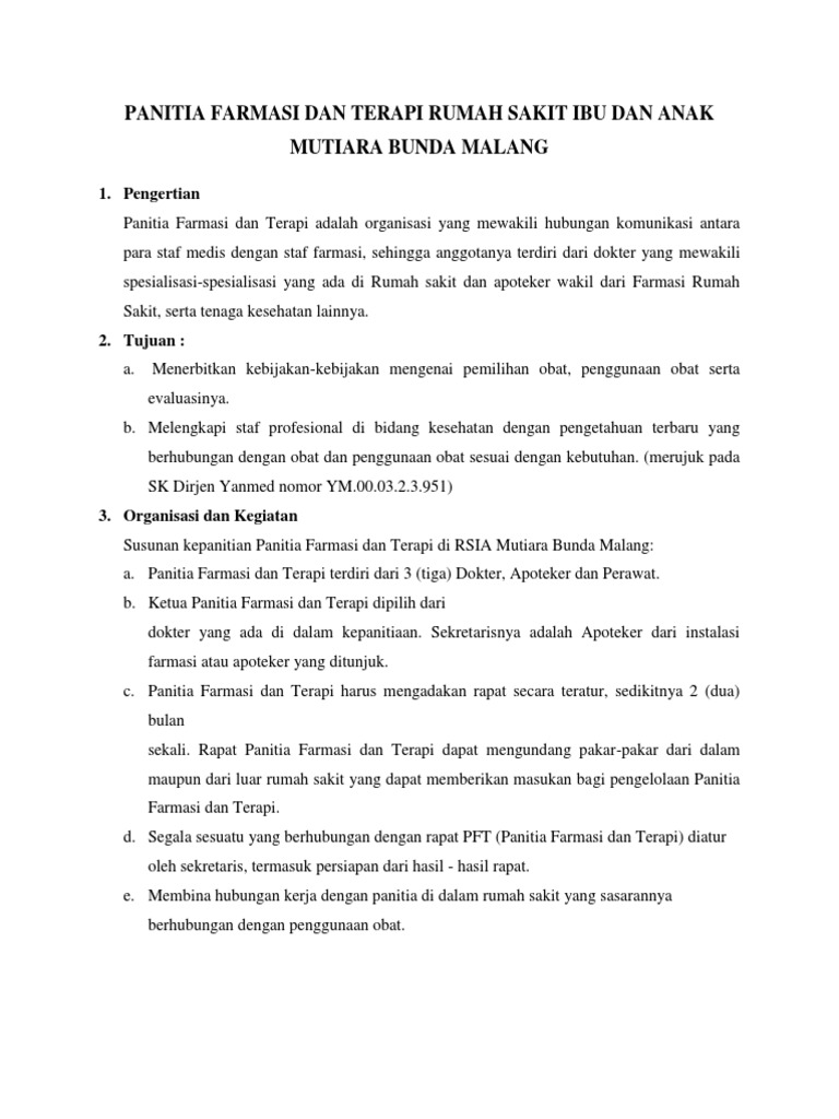 Panitia Farmasi Dan Terapi Rumah Sakit Ibu Dan Anak Mutiara