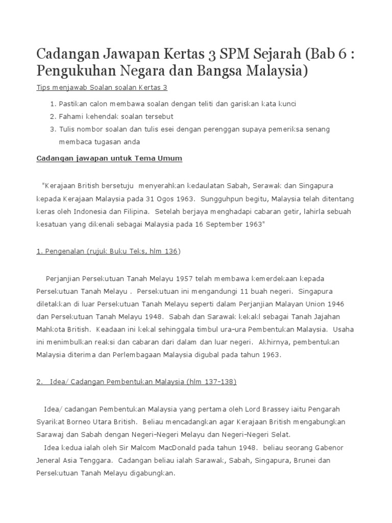 Cadangan Jawapan Sejarah Kertas 3 Bab 6 Pdf