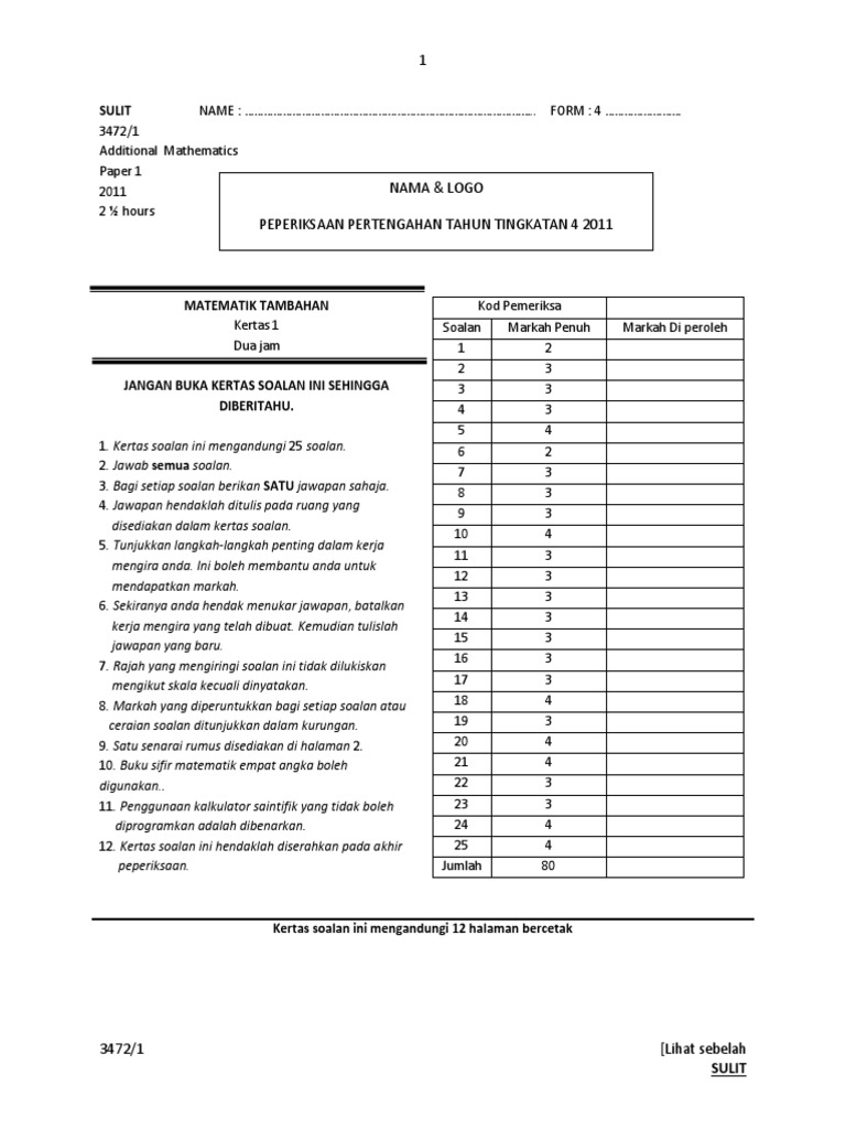Add Math p1 Form 4 Mid Year | PDF
