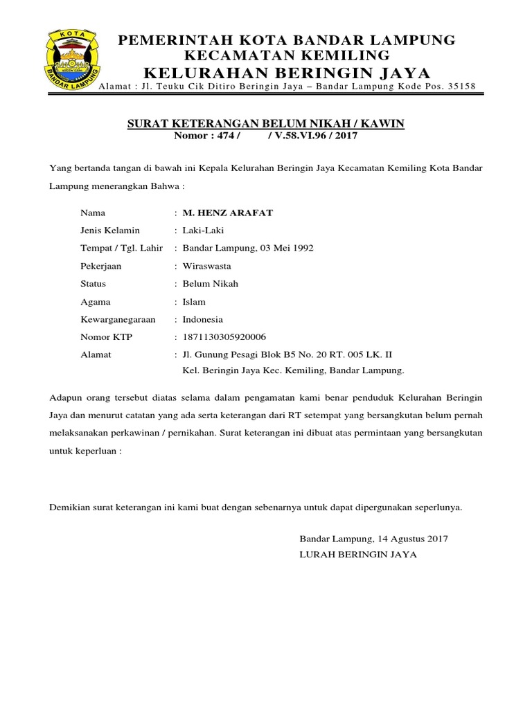 Surat Keterangan Belum Menikah Dari Lurah - Kumpulan Surat Penting