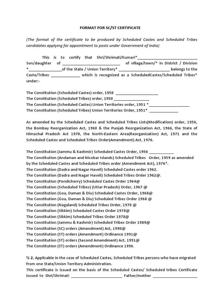 SC/ST Certificate Format Guide | PDF | Government Of India | Government