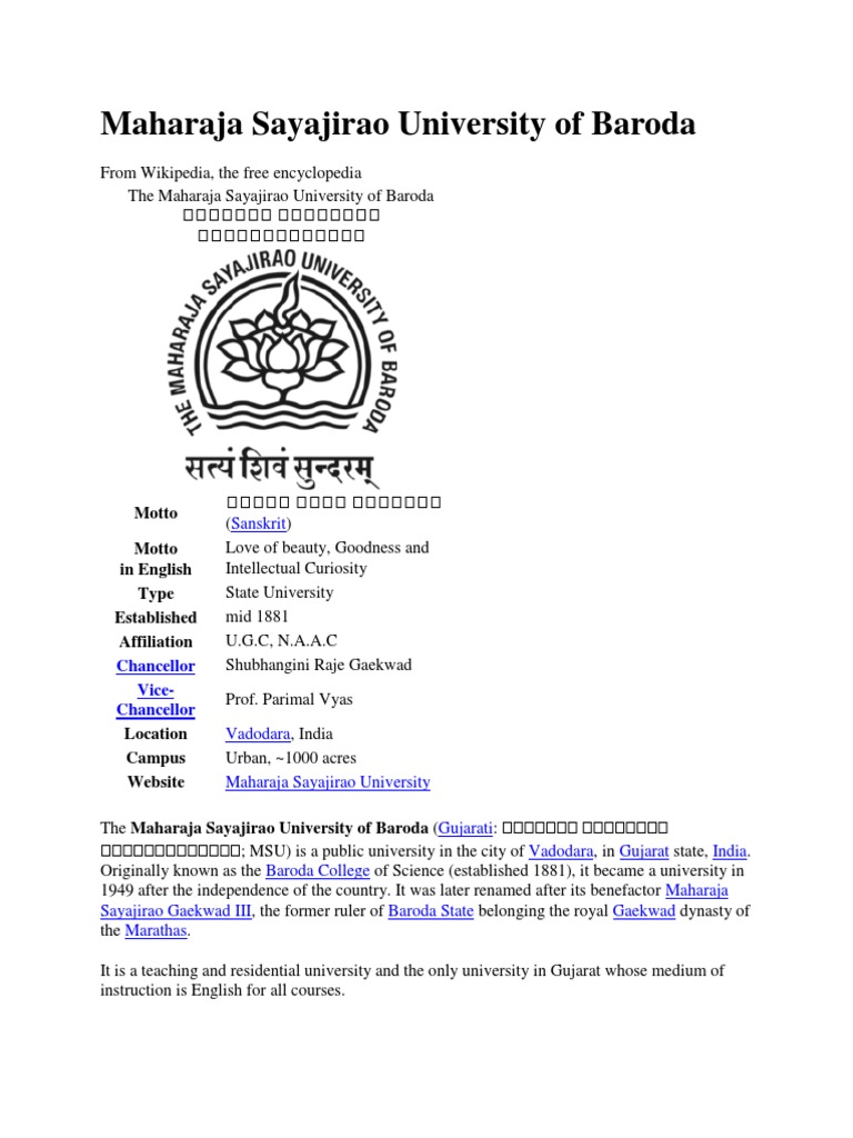 Maharaja Sayajirao University of Baroda PDF Schools Science