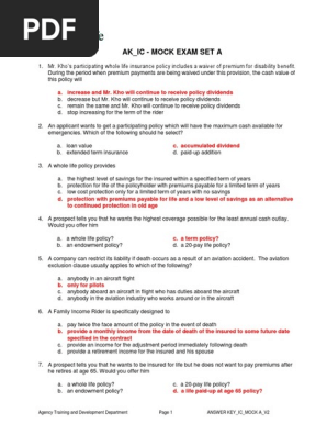 Answer Key - Ic - Mock Exam - Set A | Pdf | Life Insurance | Insurance