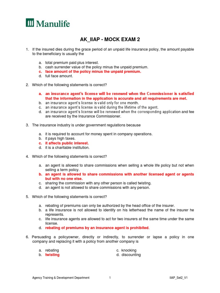 Answer Key Iiap Mock Exam 2 PDF Life Insurance Insurance