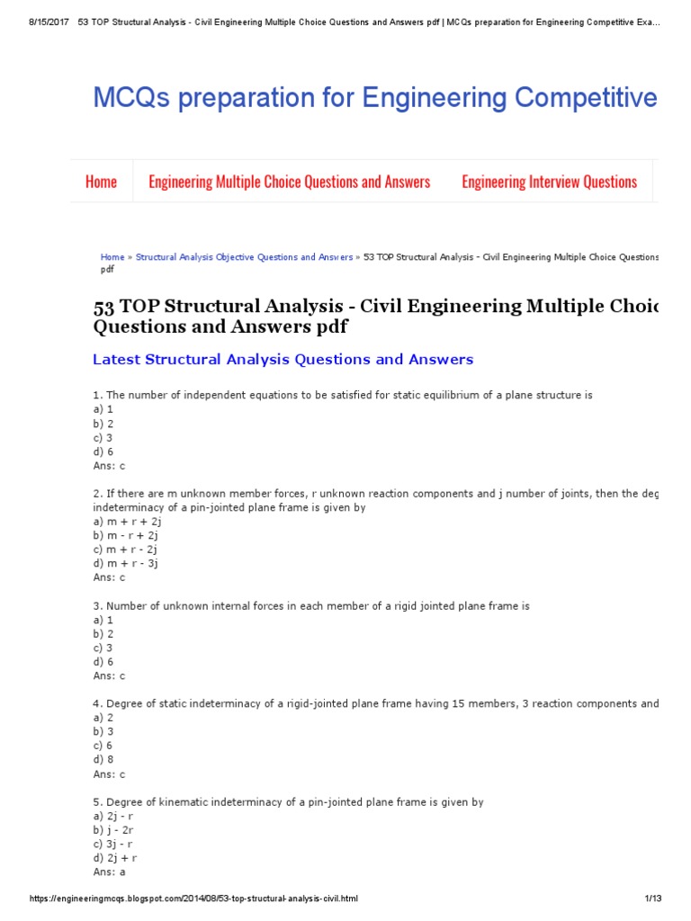 Structural Analysis MCQs for Engineers | PDF | Beam (Structure) | Bending