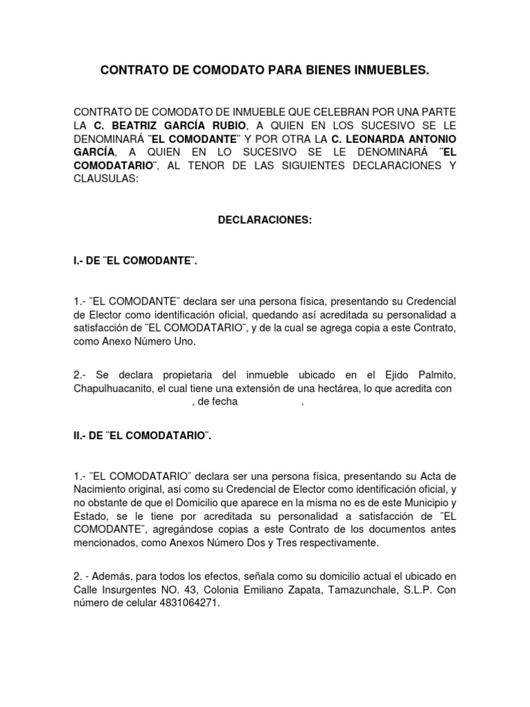 Contrato de Comodato para Bienes Inmuebles | PDF