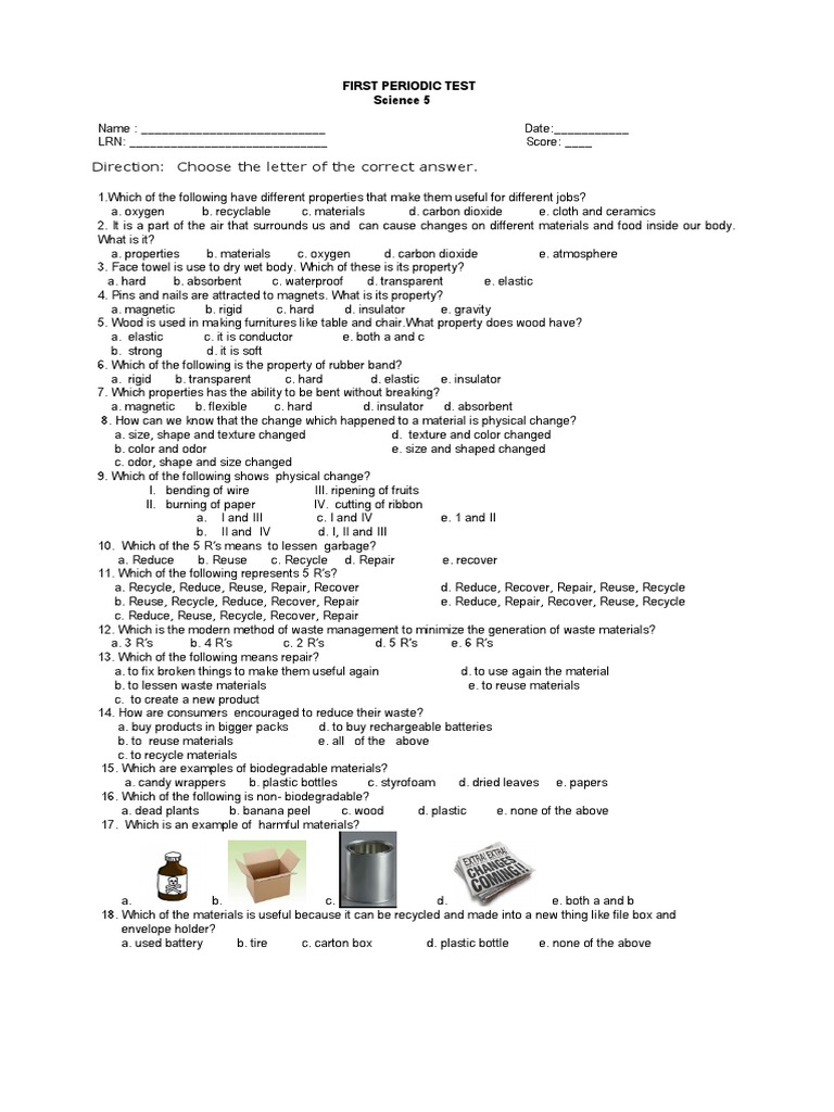 Science 5 Periodic Test on Properties | PDF | Reuse | Recycling