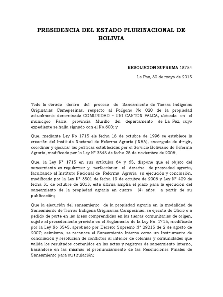 Resolucion Suprema de Saneamiento | PDF | Bolivia | Información del ...