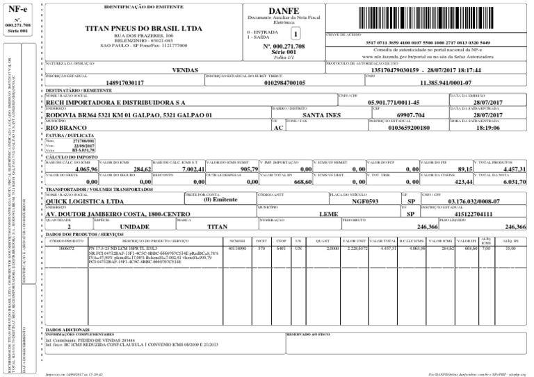 DANFE - Documento Auxiliar da Nota Fiscal Eletrônica | PDF