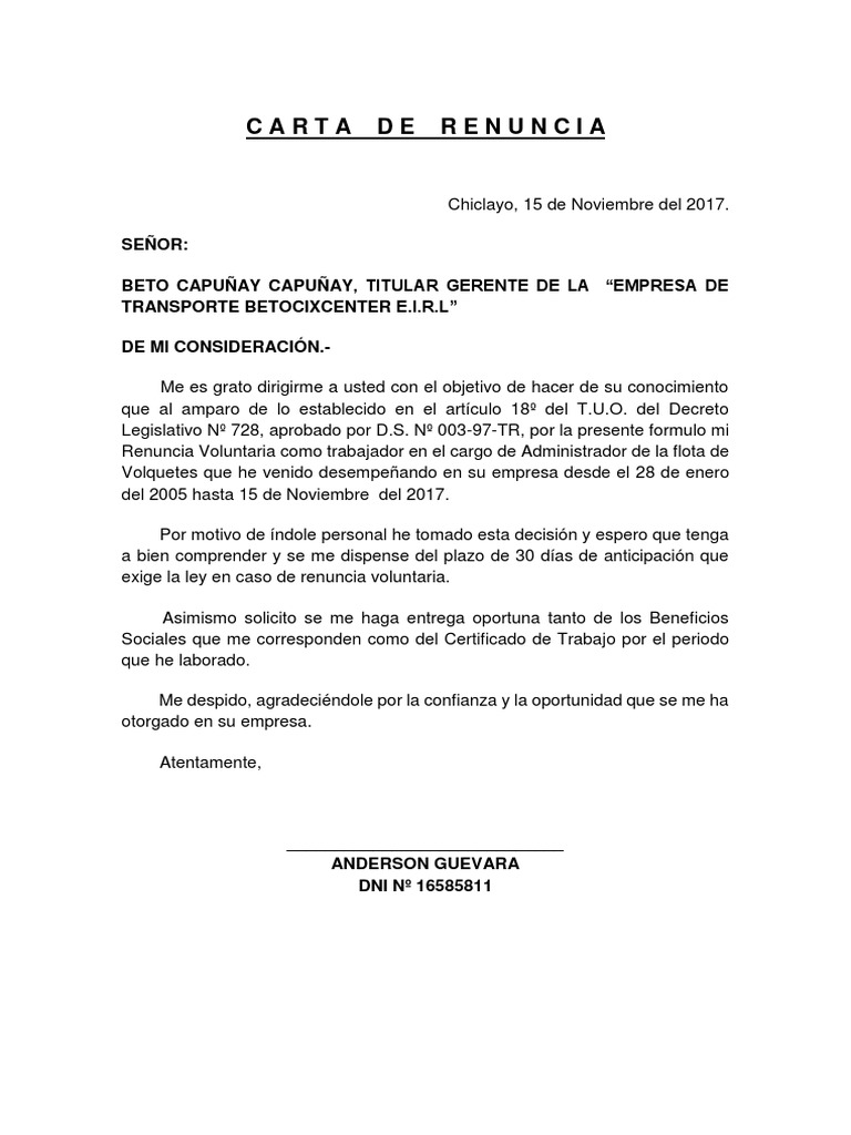 Modelo de Carta de Renuncia Voluntaria