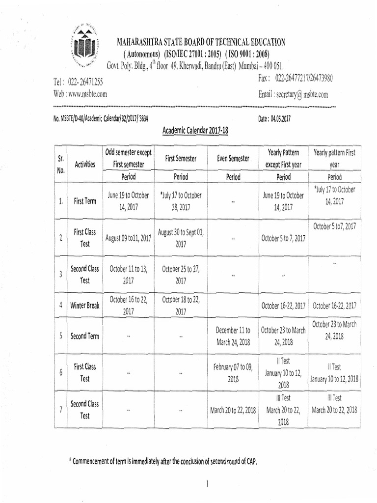 MSBTE Academic Calender 2017 18 PDF Academic Term Behavior