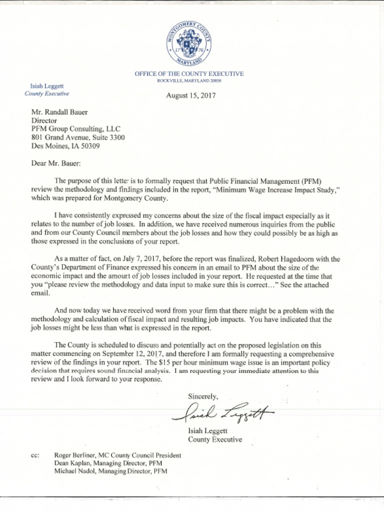 County Executive Ike Leggett Letter To PFM - Provided by Montgomery ...
