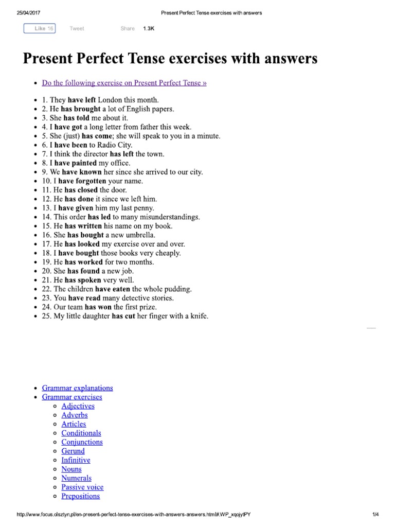 Present Perfect Tense Exercises With Answers Trabalho Ingles Recup | PDF