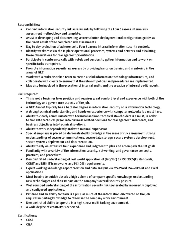 GRC Analyst Job Description PDF Information Security Risk
