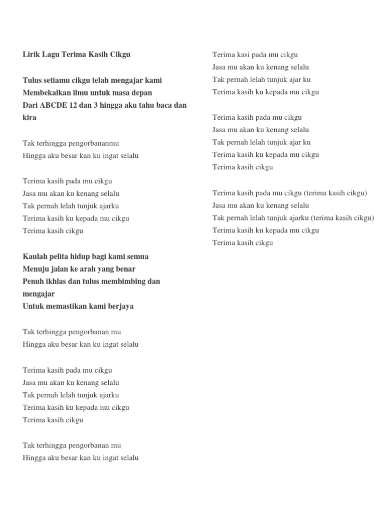 Lirik Lagu Terima Kasih Cikgu Docx Tenggelam yang pernah kurasa hasratku hanyalah untukmu terukir manis dalam relungku jiwamu. scribd