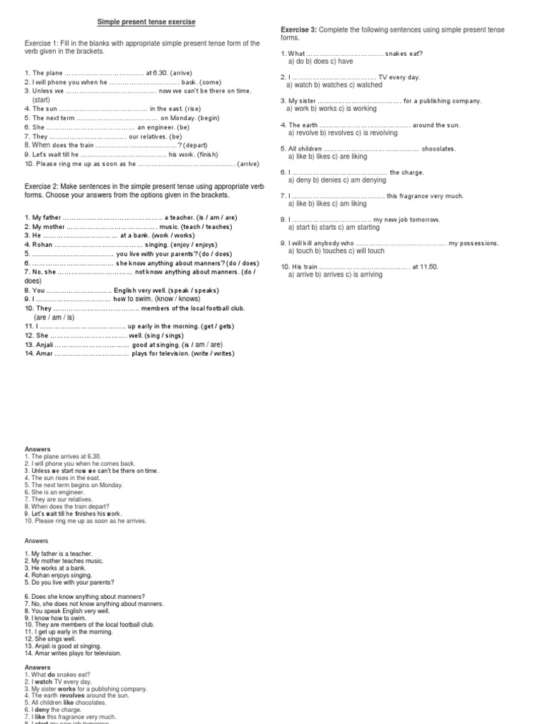 Simple Present Tense Exercises PDF | PDF