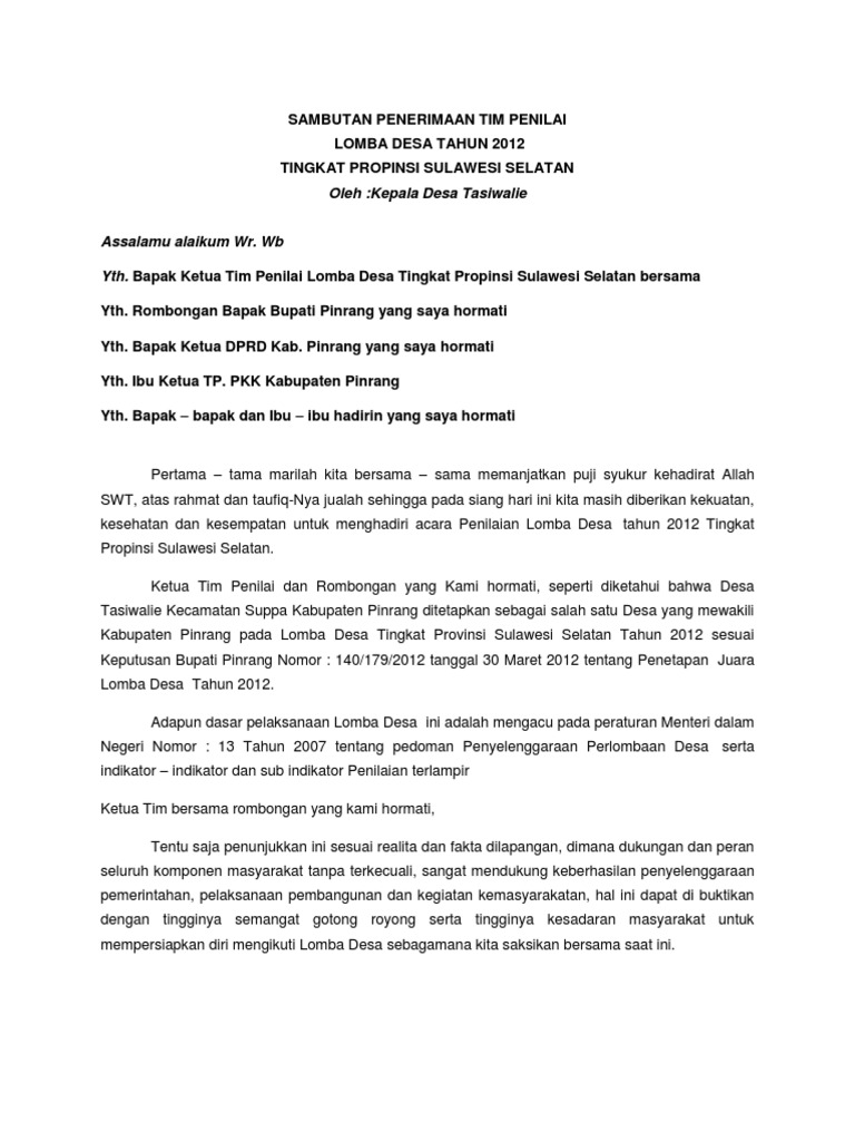 Sambutan Penerimaan Tim Penilai Lomba Desa