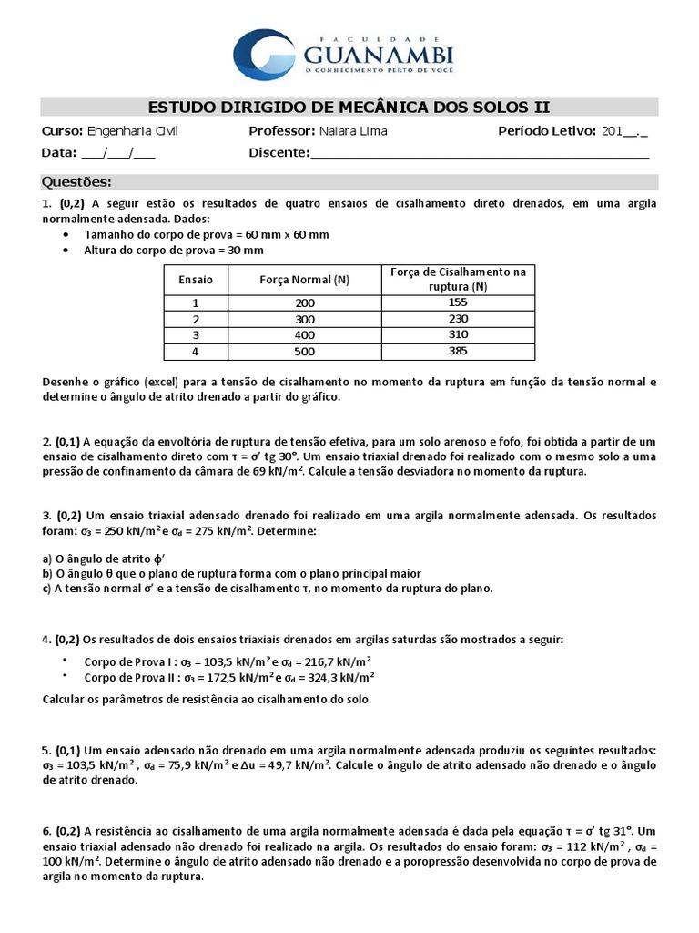 Lista de exercícios de resistência ao cisalhamento dos solos