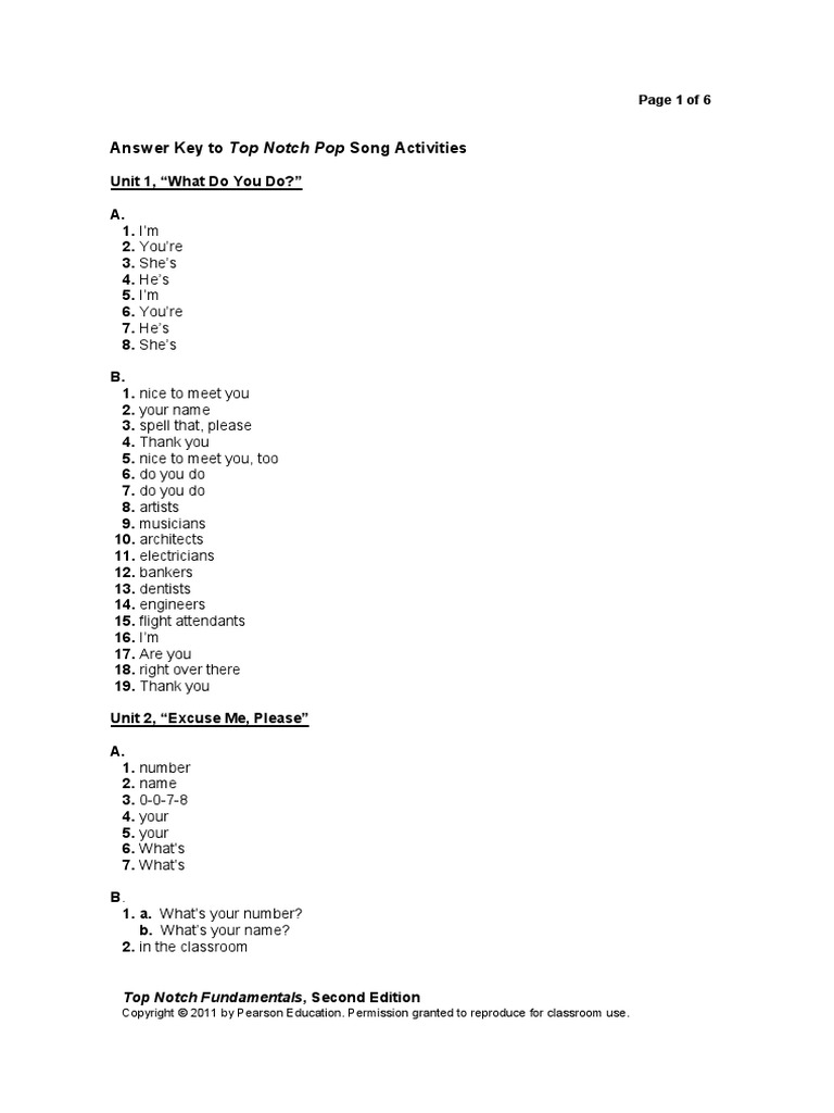 Answer Key Song Activities PDF | PDF | Foods | Leisure