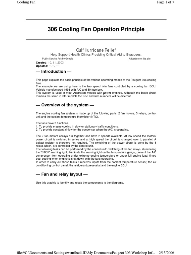 Peugeot 306 Cooling Fan Operation Principle PDF Relay Air Conditioning