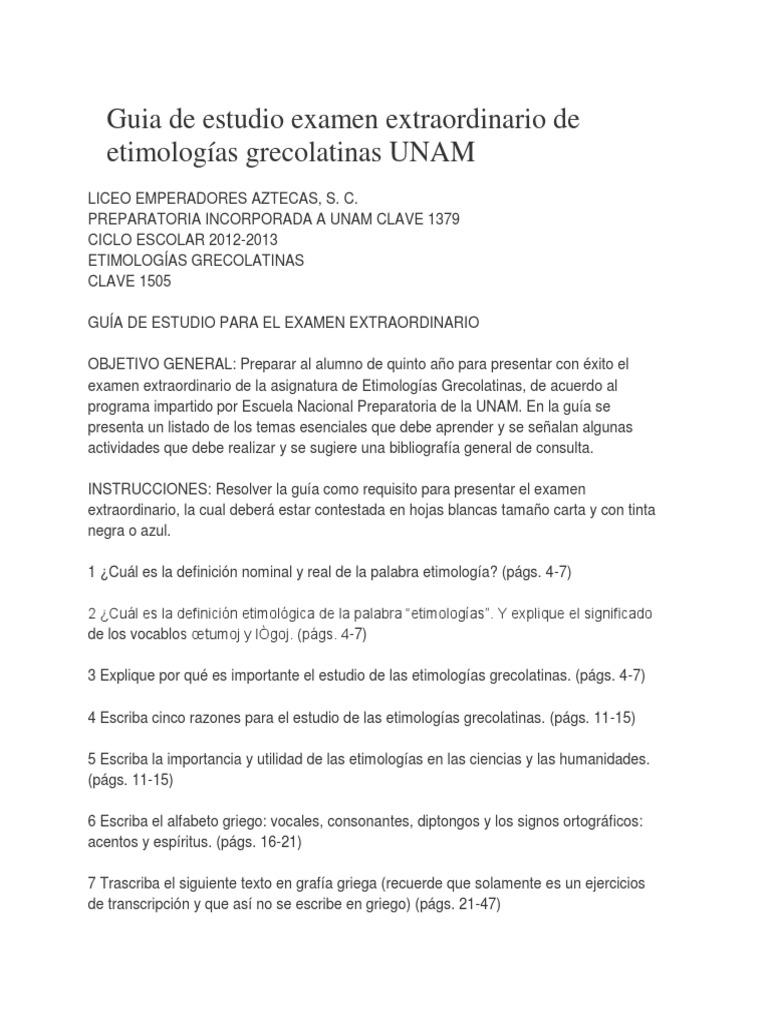 Guia De Estudio Examen Extraordinario De Etimologias Grecolatinas Unam Docx Latin Lengua Griega
