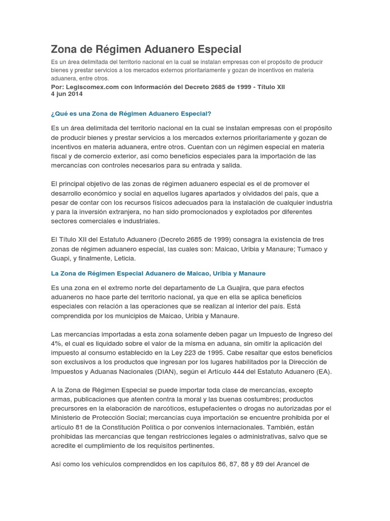 Zonas de Régimen Aduanero Especial en Colombia | PDF | aduana | Impuestos