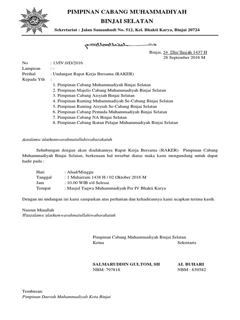 Undangan Raker Pcm Binjai Selatan