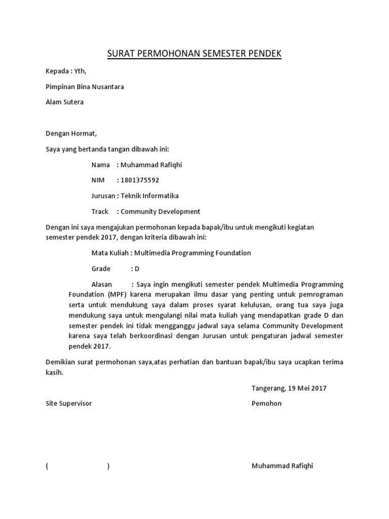 Contoh Surat Permohonan Nilai Mata Kuliah