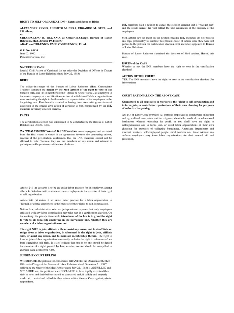 01 Reyes v. Trajano Digest PDF Trade Union Collective Bargaining