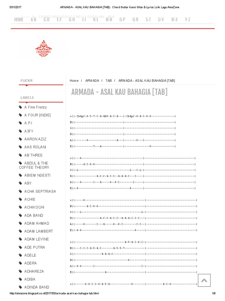Armada Asal Kau Bahagia Tab Chord Guitar Kunci Gitar Lyrics Lirik Lagu Aleozone Musicians Music Award Winners