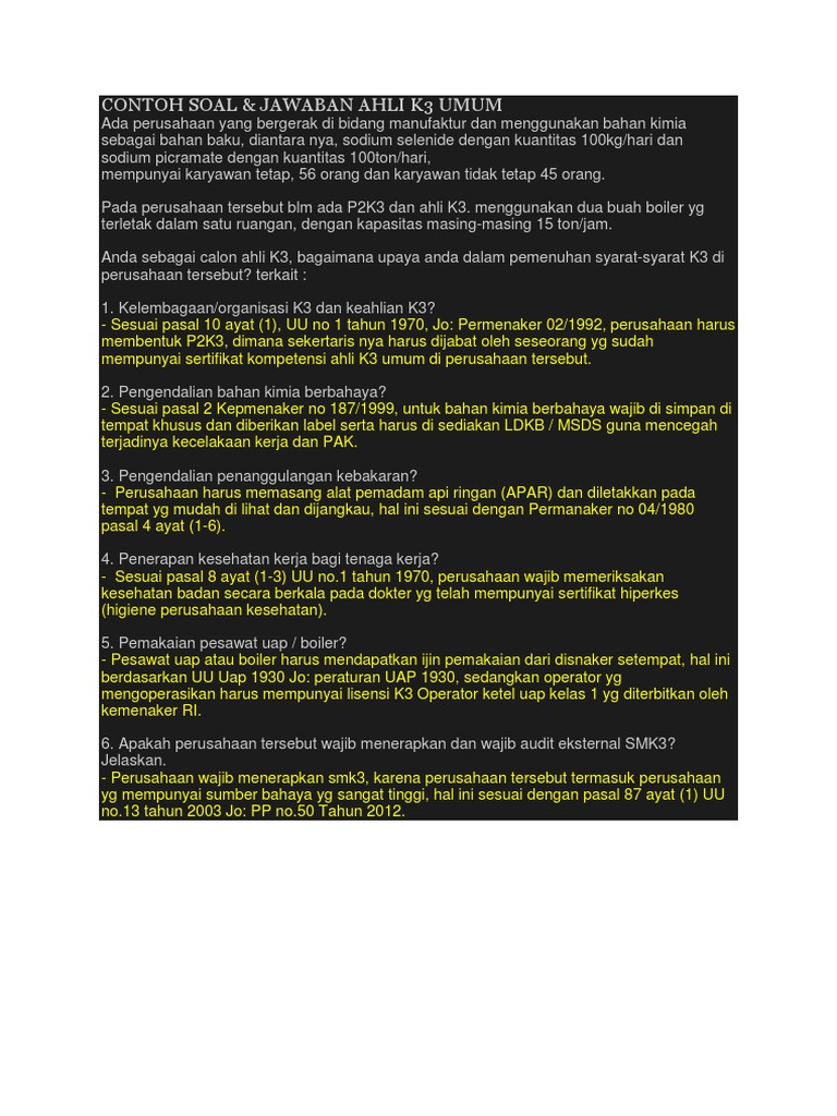 Contoh Soal Jawaban Ahli K3 Umum