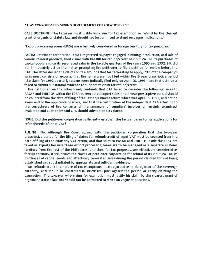 ATLAS CONSOLIDATED MINING VAT REFUND DENIED PDF Value Added Tax