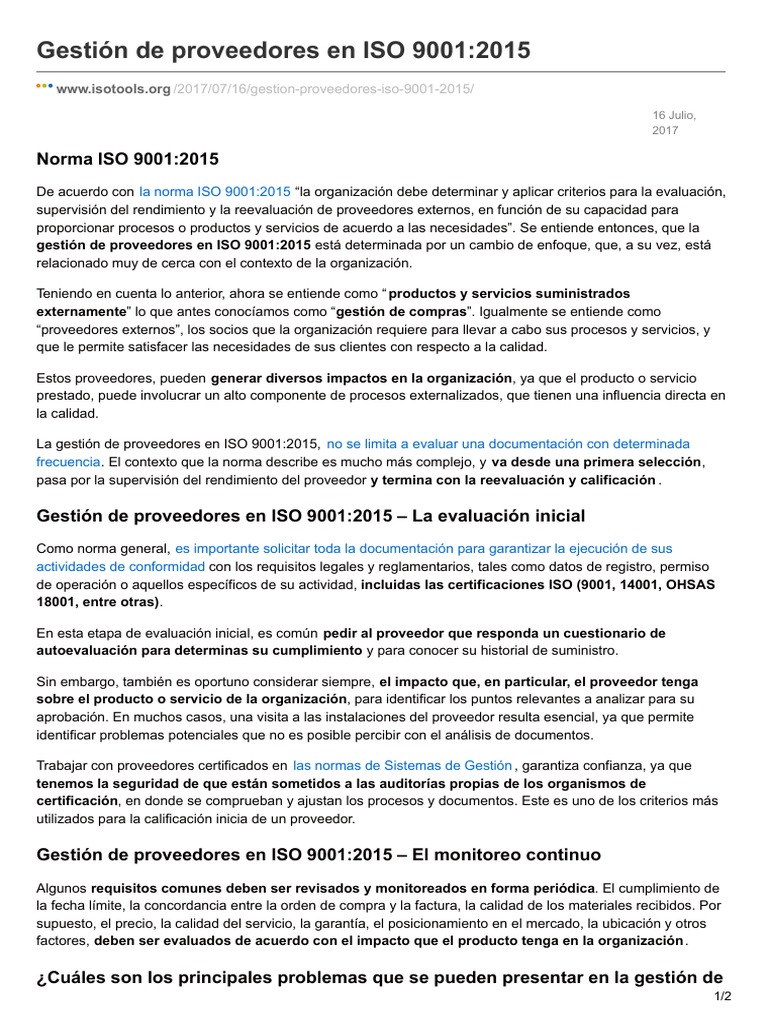 Gestión de Proveedores en ISO 90012015 | PDF | Calidad (comercial ...