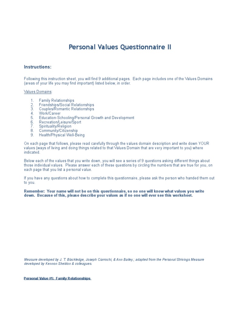 Personal Values Questionnaire II 1 2 | PDF | Friendship | Spirituality