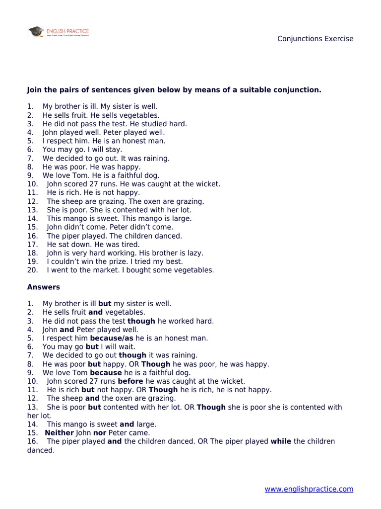 Conjunctions Exercise with Answers | PDF