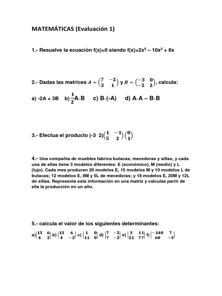 MATEMÁTICAS (Evaluacion 1 Matrices y Determinantes) | PDF | Métodos y ...