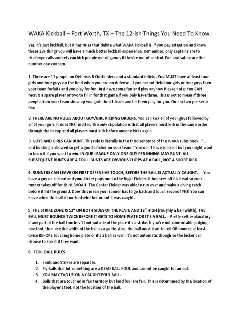 WAKA Basics 12 Kickball Rules PDF Baseball Field Ball Games