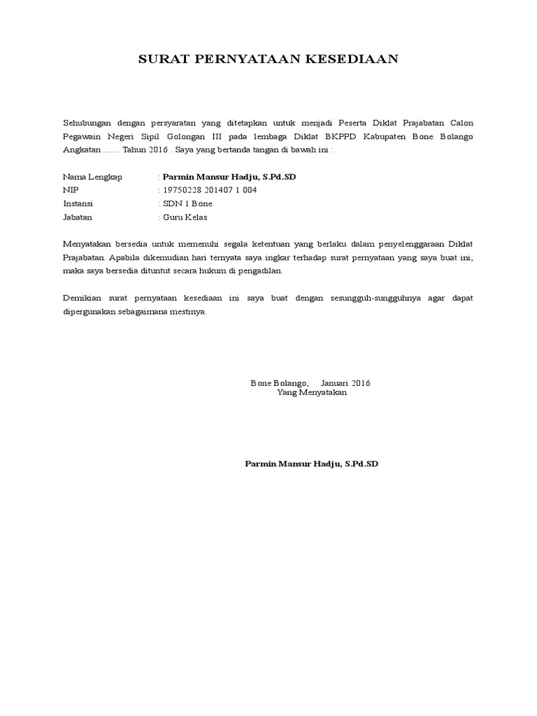 Surat Pernyataan Kesediaan | PDF