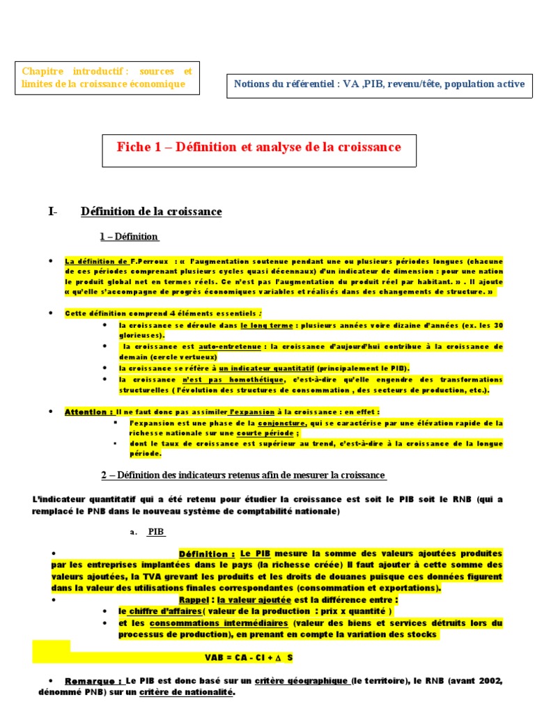 Les Sources Et Les Défis De La Croissance économique Fiche