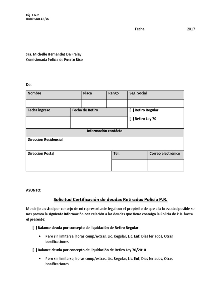 Solicitud de Certificación de Deuda Retirados