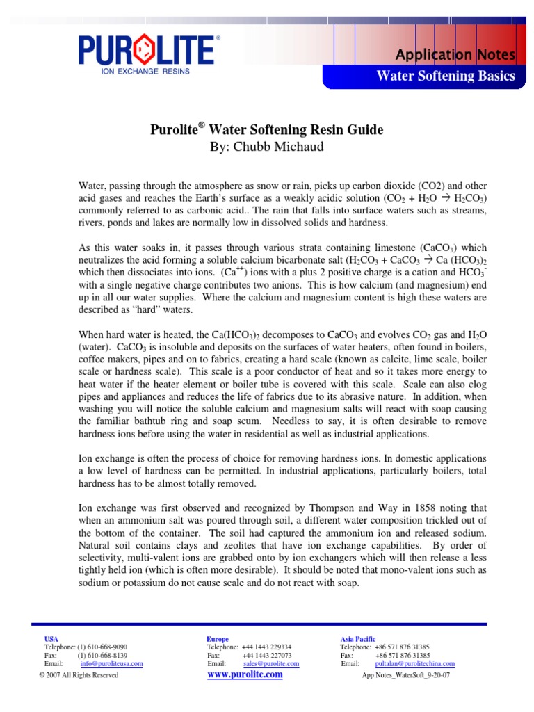 Purolite Water Softening Resin Guide Application Notes PDF Carbon
