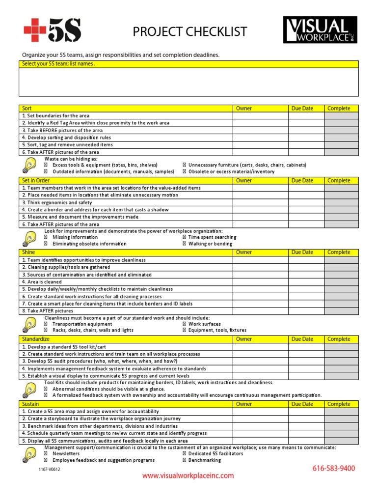 Project Checklist: Organize Your 5S Teams Assign Responsibilities and