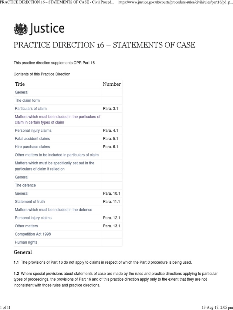 Practice Direction 16 Statements of Case Civil Procedure Rules