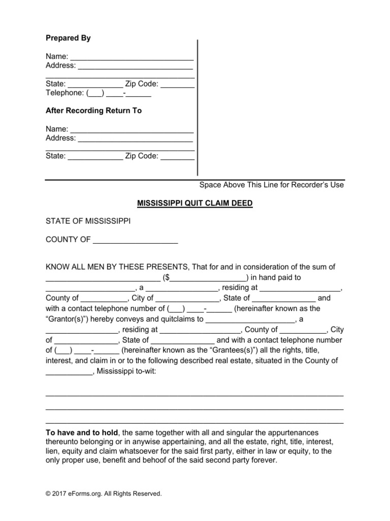 Mississippi Quit Claim Deed Form PDF Notary Public Real Property Law