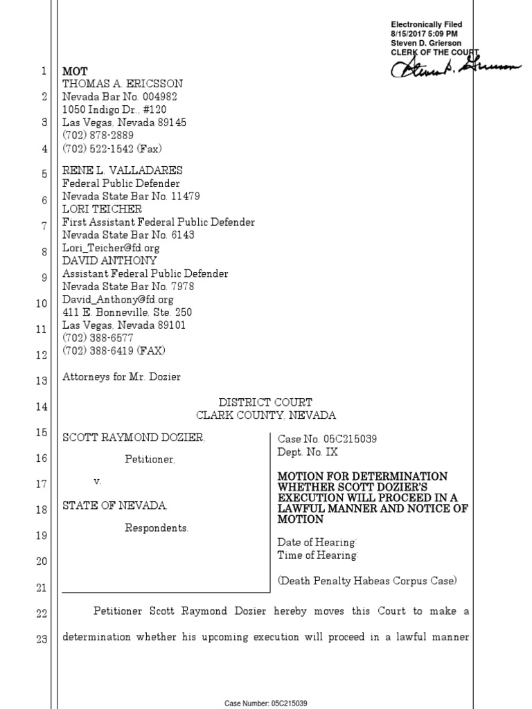 Motion To Determine Lawfulness of Execution - Scott Dozier | PDF | Lethal  Injection | Eighth Amendment To The United States Constitution