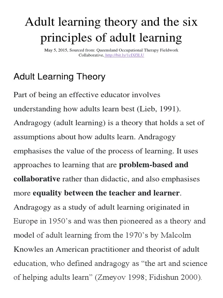 Adult Learning Theory And Principles University Of Queensland Pdf
