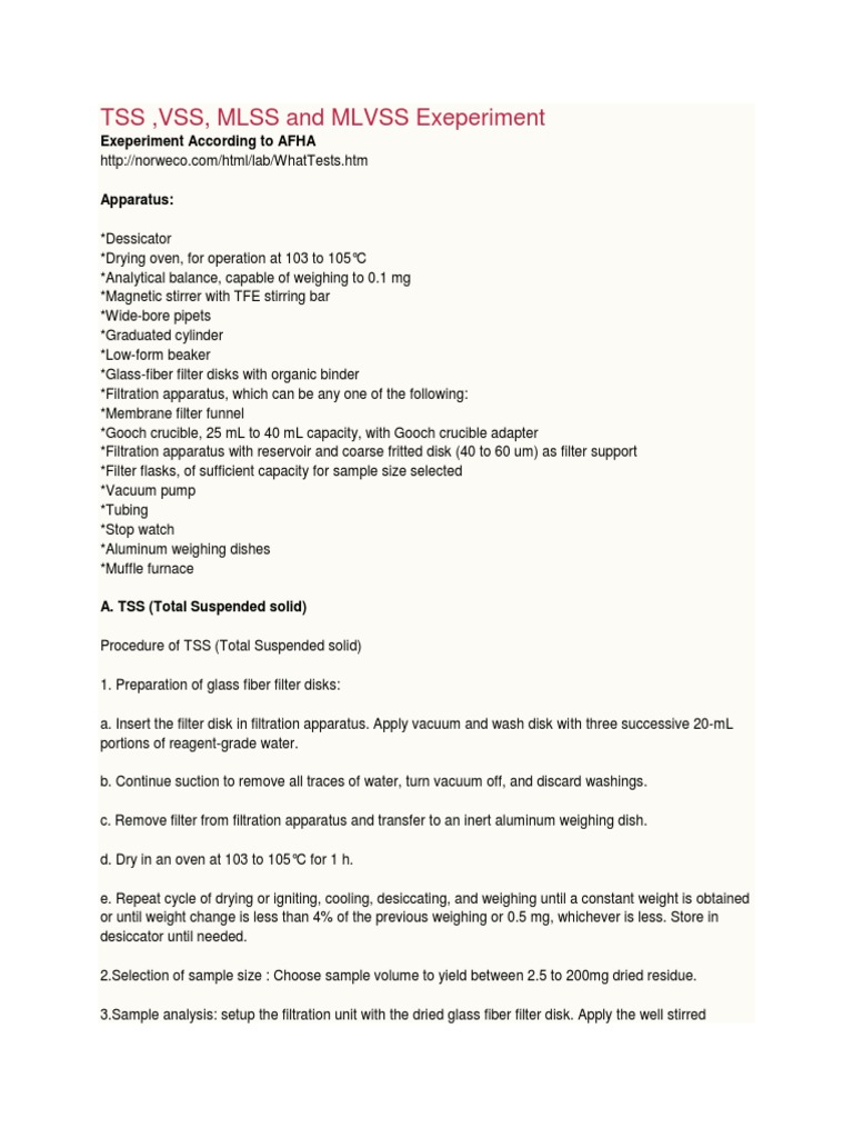 Lab Guide: TSS, VSS, MLSS, MLVSS | PDF | Industrial Processes | Chemistry